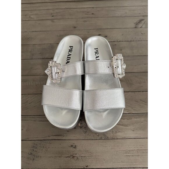 Prada Silver Metallic Leather Platform Crystal Buckle Slide Sandals Size 38 8 - Picture 6 of 10